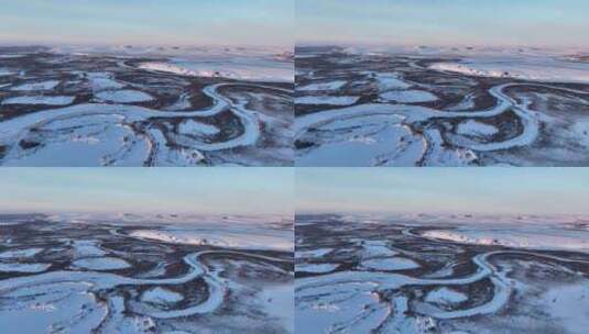 呼伦贝尔冬季自然风光不冻河湿地雪景高清在线视频素材下载