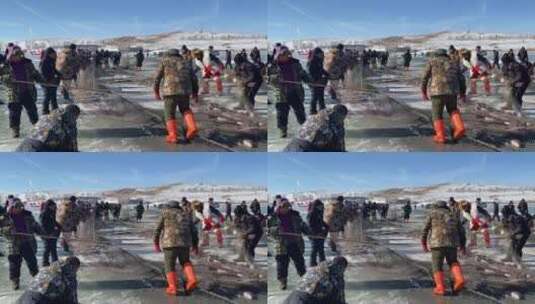 冰封湖面上的传统捕鱼高清在线视频素材下载