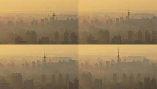 中国黑龙江哈尔滨日出晨雾城市风光航拍高清在线视频素材下载