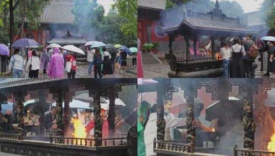 白马寺烧香人群雨天高清在线视频素材下载