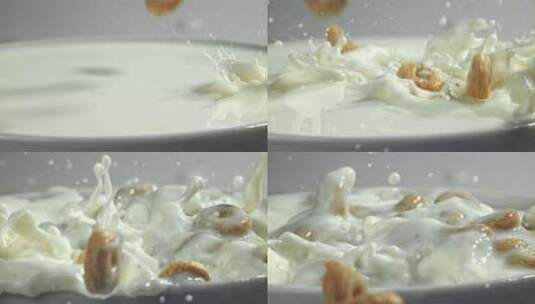 玉米片落入流动的牛奶中高清在线视频素材下载