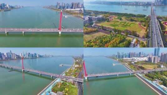 杭州钱塘江西兴大桥航拍车流交通城市风景风高清在线视频素材下载