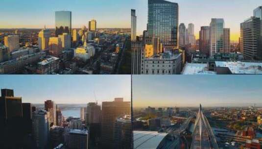 航拍波士顿市中心阳光照射摩天大楼日出日落高清在线视频素材下载