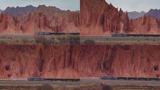 新疆库车红山石林火车高清在线视频素材下载