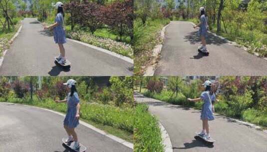 一名戴着帽子的年轻少女在公园练习滑板高清在线视频素材下载