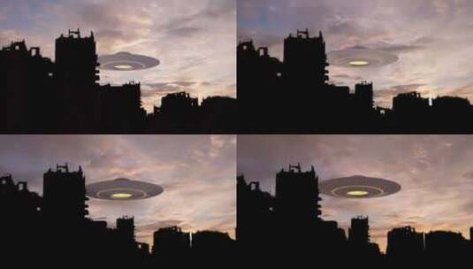 大型飞碟UFO在被摧毁的城市上方，延时模高清在线视频素材下载