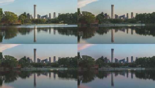北京CBD日转夜湖面城市倒影城市风光高清在线视频素材下载