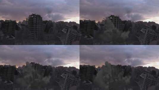 被导弹击中后被摧毁的建筑倒塌，鸟瞰高清在线视频素材下载