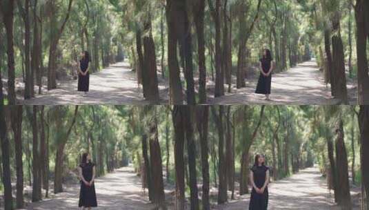 美女走在森林里行走树林里散步女性亲近自然高清在线视频素材下载