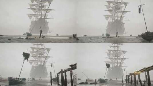 神秘诡异的海盗船停泊在破旧的港口高清在线视频素材下载