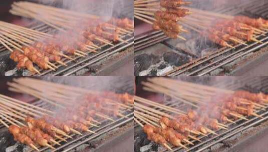 烤羊肉串户外烧烤碳烤烤肉串露营美食特写高清在线视频素材下载