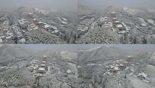 航拍杭州径山寺中式古建筑寺庙山顶森林雪景高清在线视频素材下载