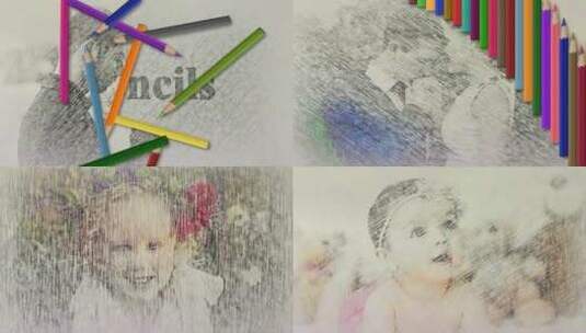 铅笔画画素描家庭温馨彩色相册写真AE模板高清AE视频素材下载