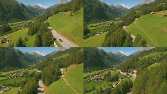 阿尔卑斯山风景如画的海利根布鲁特村，航拍镜头高清在线视频素材下载