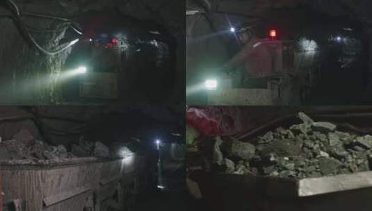 煤矿矿工开着小火车运输开采完成的原矿矿石高清在线视频素材下载