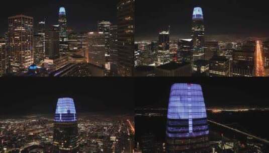 城市航拍加州旧金山Salesforce塔楼夜景灯光高清在线视频素材下载