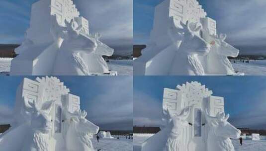 内蒙古敖鲁古雅驯鹿元素精美雪雕高清在线视频素材下载