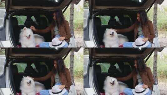 女孩和狗坐在汽车后备箱中高清在线视频素材下载