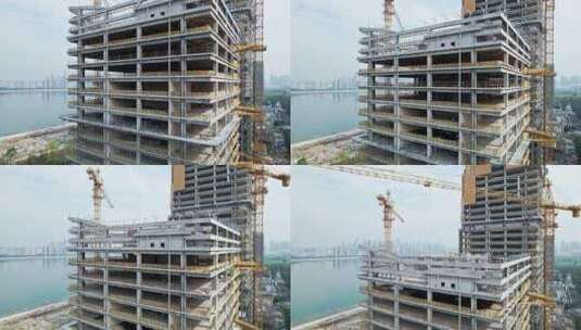 航拍杭州滨江钱塘江畔施工中的建筑工地高清在线视频素材下载