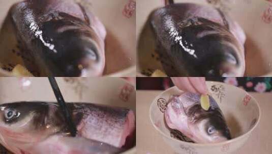 【镜头合集】葱姜上锅蒸制鱼头泡饼高清在线视频素材下载