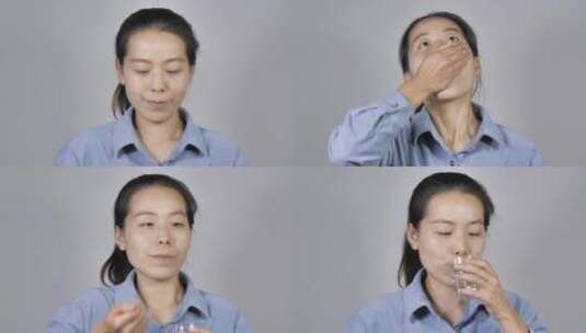 亚洲中国人女性女人手拿药物药吃药高清在线视频素材下载