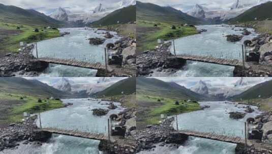 萨普神山小桥流水耗牛冰川草原高清在线视频素材下载