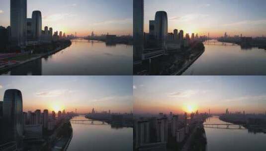广州塔日落琶洲桥航拍美景高清在线视频素材下载