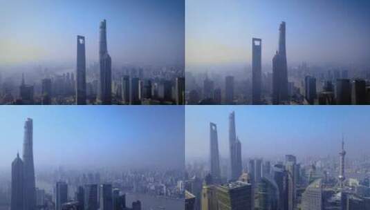 上海CBD清晨航拍合集高清在线视频素材下载