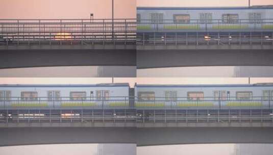轻轨列车在高架桥上驶过夕阳的慢镜头特写高清在线视频素材下载