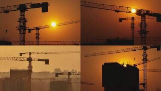 日出逆光拍摄塔吊 日出剪影 城市建设施工高清在线视频素材下载