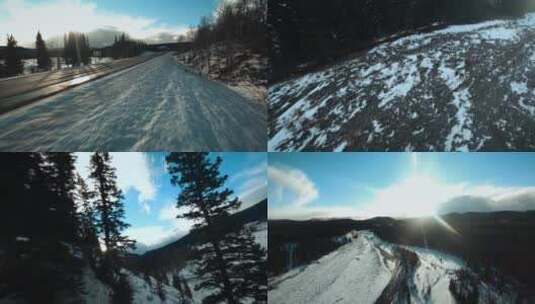 冬季傍晚森林公路穿越机航拍高清在线视频素材下载