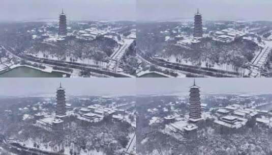 航拍瘦西湖景区园林大明寺观音山宋夹城雪景高清在线视频素材下载