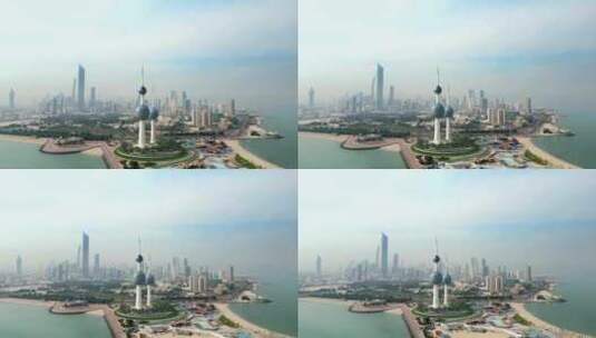 广角无人机拍摄科威特塔和城市。中东的地标高清在线视频素材下载