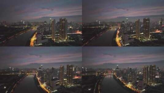 航拍湖北省武汉市汉江两岸城市天际线日落高清在线视频素材下载