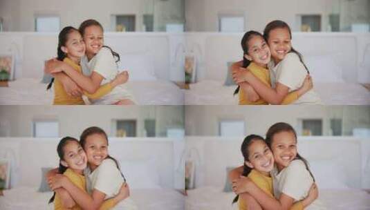 姐妹，拥抱和面对床上的女孩，带着爱、信任高清在线视频素材下载
