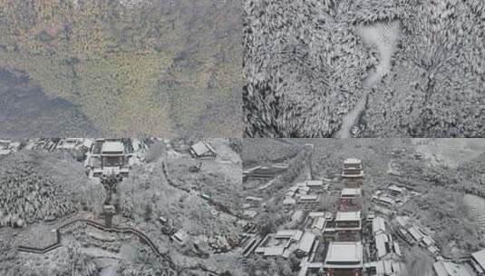 航拍杭州径山寺中式古建筑寺庙山顶森林雪景高清在线视频素材下载