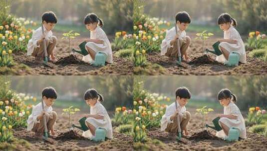 植树节主题儿童种树浇水环保活动高清在线视频素材下载