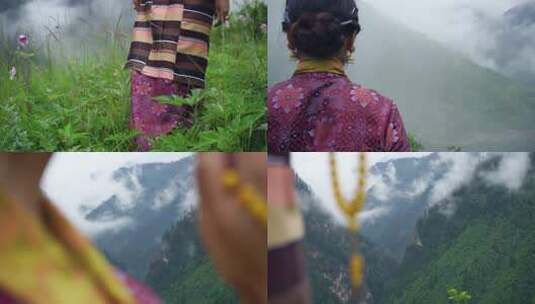 藏族美女在高山拿佛珠 双手合十高清在线视频素材下载
