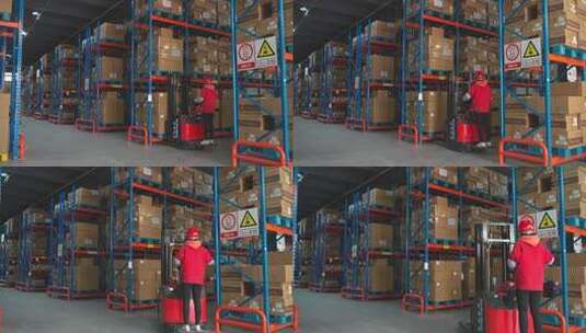 仓库工人操作叉车搬运货物高清在线视频素材下载