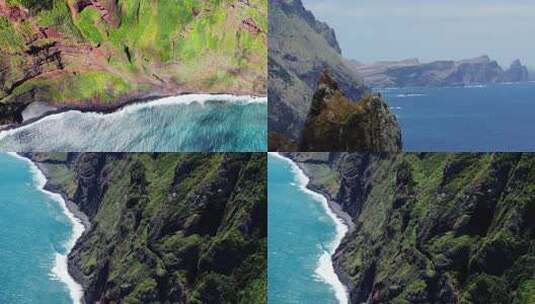 航拍大海森林海岛海浪冲击海底沙滩蓝天白云高清在线视频素材下载