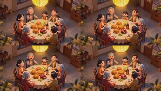一家人中秋团聚吃月饼场景高清在线视频素材下载
