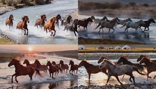 马群天马浴河大气震撼马年马奔跑高清在线视频素材下载