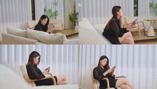 室内女子坐沙发玩手机画面高清在线视频素材下载