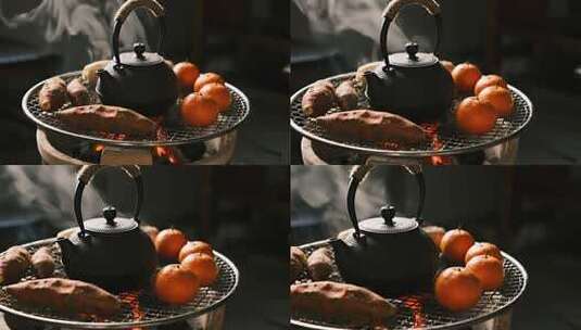 小雪围炉煮茶烤红薯温暖治愈生活画面高清在线视频素材下载