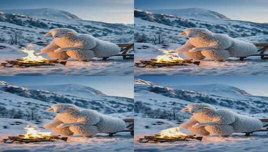 冰天雪地里一只绵羊在烤火高清在线视频素材下载