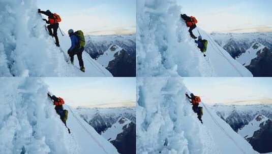 雪山攀登者挑战高难度登山动作高清在线视频素材下载