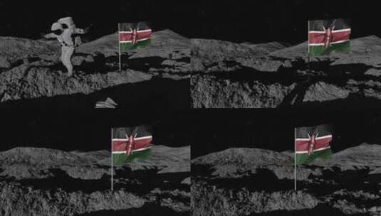 宇航员在月球上插肯尼亚国旗高清在线视频素材下载