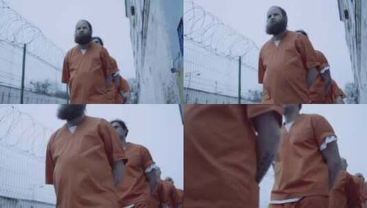 监狱的囚犯经过铁栅栏旁高清在线视频素材下载