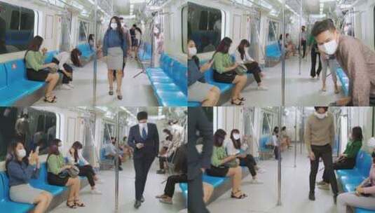 乘客戴着口罩乘坐地铁高清在线视频素材下载