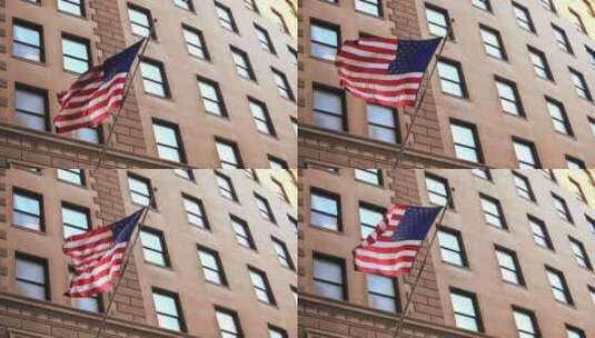 美国国旗在纽约华尔街的一栋建筑上飘扬高清在线视频素材下载